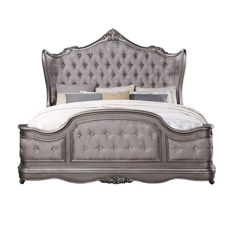 Elegant Grey Upholstered Tufted Bed Frame with Carving Elegant Grey Upholstered Tufted Bed Frame with Carving