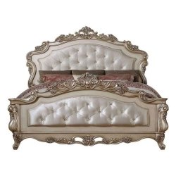 Luxury Carved Upholstered King Size Bed Transitional Classic Champagne Finish