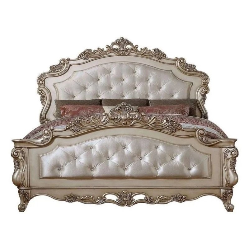 Luxury Carved Upholstered King Size Bed Transitional Classic Champagne Finish Luxury Carved Upholstered King Size Bed Transitional Classic Champagne Finish