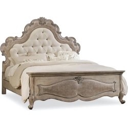 Elegant French Provincial Tufted Upholstered Bed Frame Distressed Wood Finish