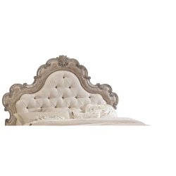 Elegant French Provincial Tufted Upholstered Bed Frame Distressed Wood Finish
