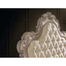Elegant French Provincial Tufted Upholstered Bed Frame Distressed Wood Finish