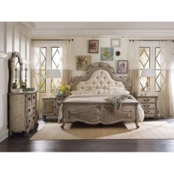 Elegant French Provincial Tufted Upholstered Bed Frame Distressed Wood Finish
