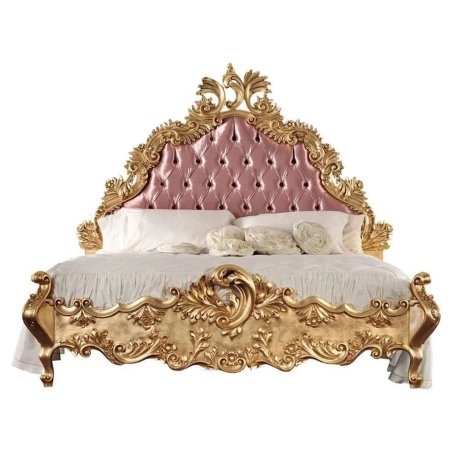 Luxury Ornate Gold Carved Bed with Pink Tufted Headboard