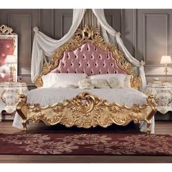 Luxury Ornate Gold Carved Bed with Pink Tufted Headboard