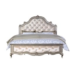 Elegant Classic Tufted Upholstered Bed with Ornate Silver Frame