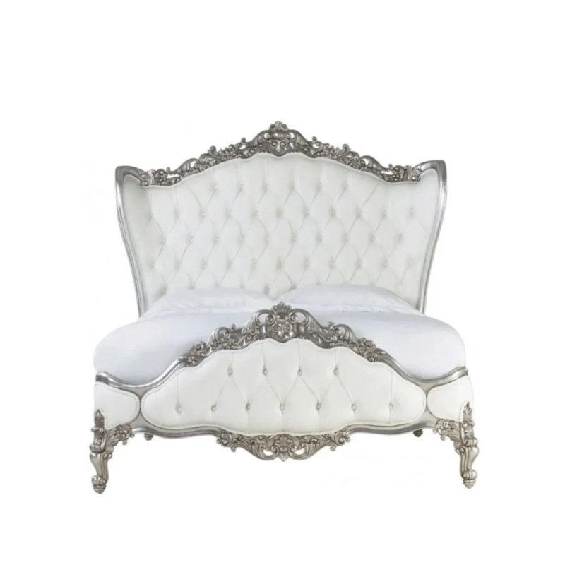 Luxurious White Upholstered Bed with Ornate Silver Frame - Classic Design Luxurious White Upholstered Bed with Ornate Silver Frame - Classic Design