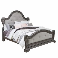 Elegant Upholstered King Bed with Carved Wood Frame