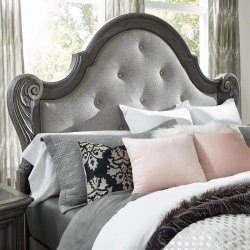 Elegant Upholstered King Bed with Carved Wood Frame