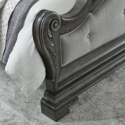 Elegant Upholstered King Bed with Carved Wood Frame