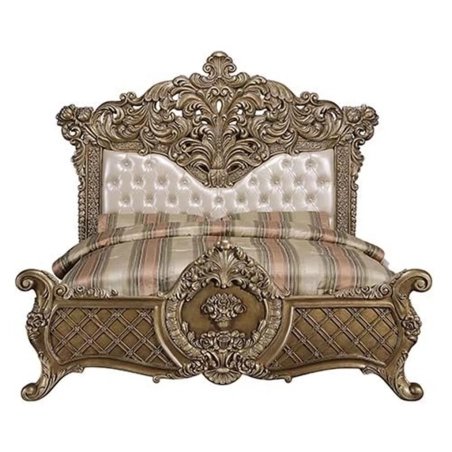 Ornate Classic Luxury King Size Bed with Carved Wood Frame and Upholstered Headboard Antique Gold Finish