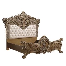 Ornate Classic Luxury King Size Bed with Carved Wood Frame and Upholstered Headboard Antique Gold Finish
