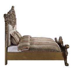 Ornate Classic Luxury King Size Bed with Carved Wood Frame and Upholstered Headboard Antique Gold Finish