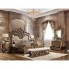 Ornate Classic Luxury King Size Bed with Carved Wood Frame and Upholstered Headboard Antique Gold Finish