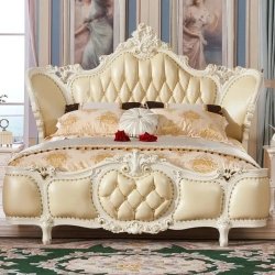 Luxury Ornate Classic King Bed Frame Cream Upholstered Wood Carvings