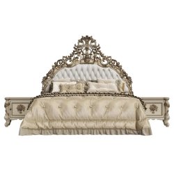 Luxury Classic Carved Wood Bed with Tufted Headboard and Nightstands