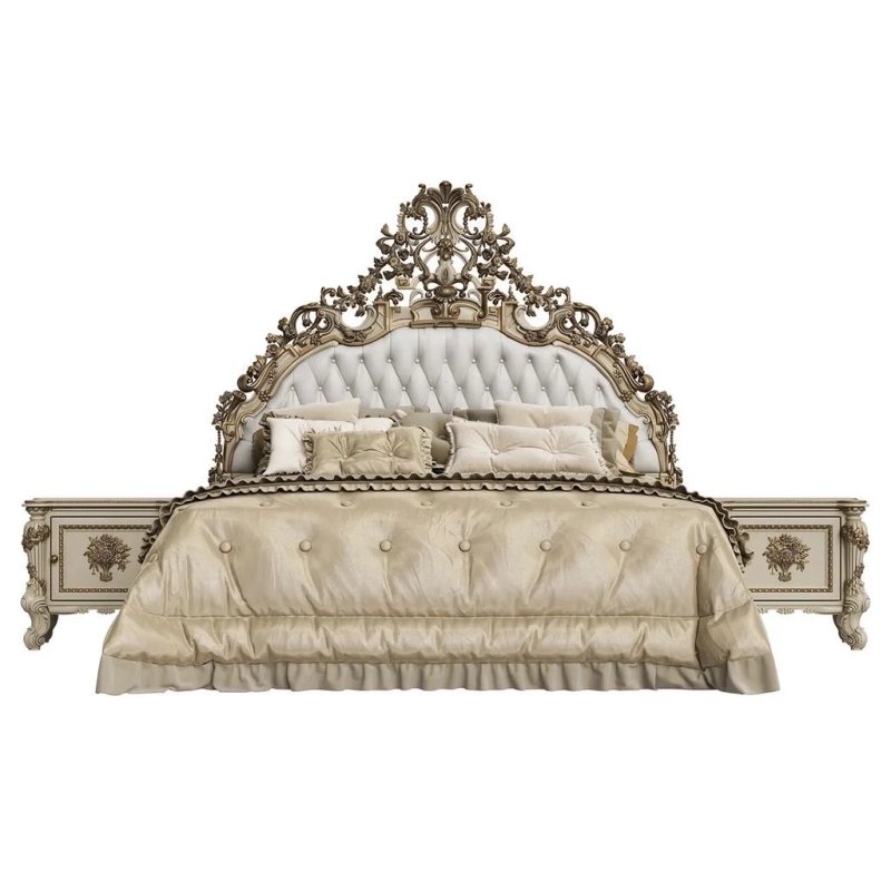 Luxury Classic Carved Wood Bed with Tufted Headboard and Nightstands Luxury Classic Carved Wood Bed with Tufted Headboard and Nightstands