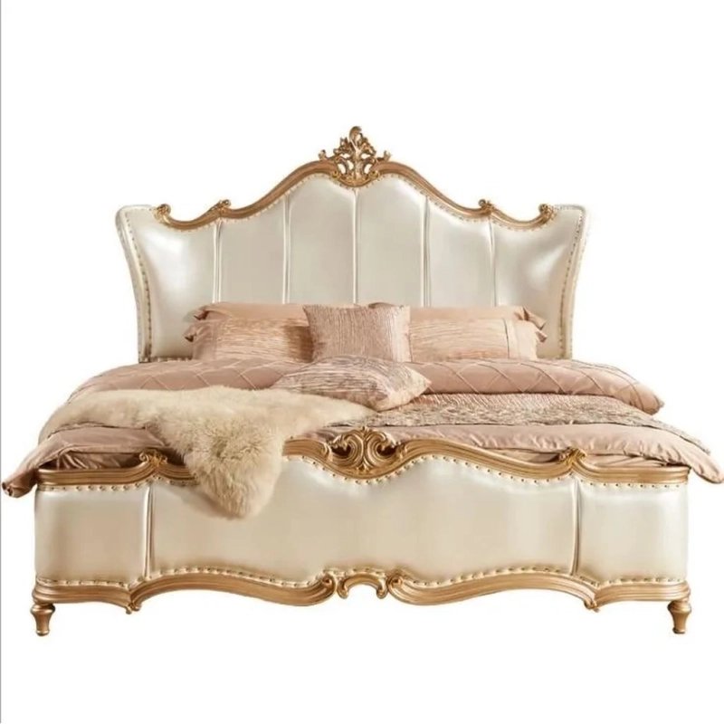 Elegant Classic Ivory Upholstered Bed with Ornate Gold Carving Elegant Classic Ivory Upholstered Bed with Ornate Gold Carving