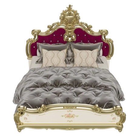 Opulent Luxury Classic Carved Wooden Bed with Velvet Headboard and Gold Leaf Finish