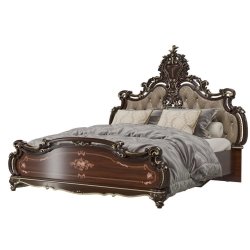 Opulent Luxury Classic Carved Wooden Bed with Velvet Headboard and Gold Leaf Finish