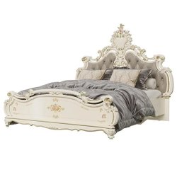 Opulent Luxury Classic Carved Wooden Bed with Velvet Headboard and Gold Leaf Finish