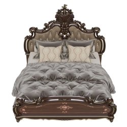 Opulent Luxury Classic Carved Wooden Bed with Velvet Headboard and Gold Leaf Finish