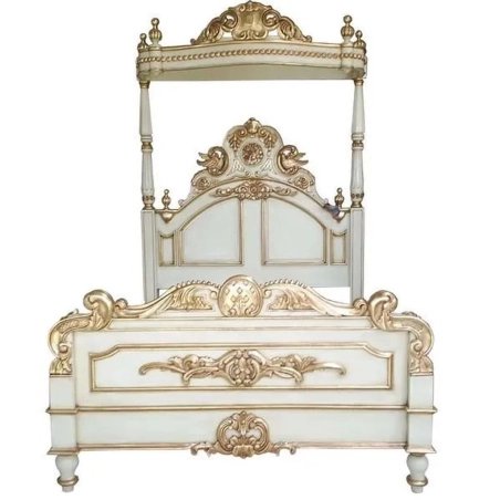 Elegant White Gold Carved Four Poster Canopy Bed Classic Style