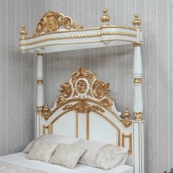 Elegant White Gold Carved Four Poster Canopy Bed Classic Style