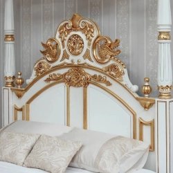Elegant White Gold Carved Four Poster Canopy Bed Classic Style