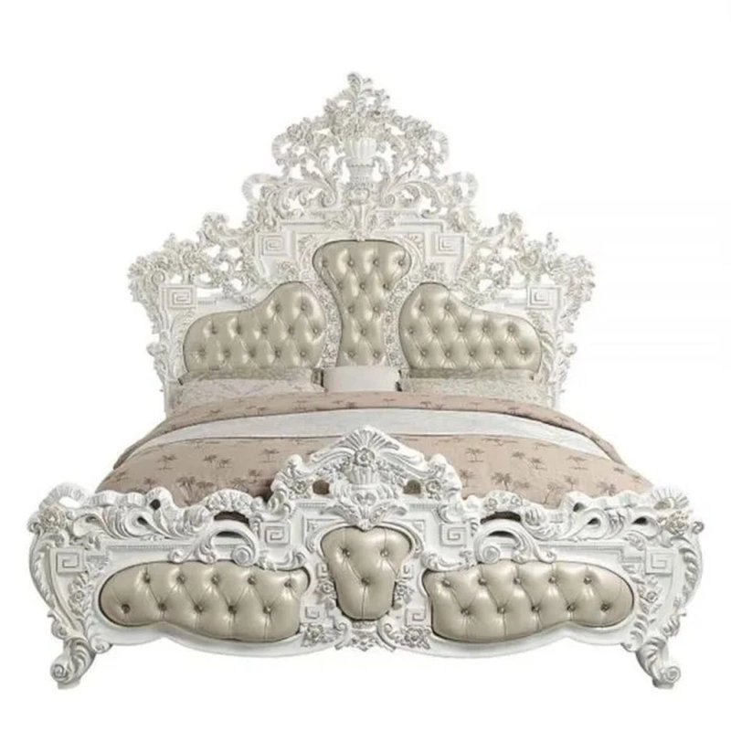 Elegant Hand Carved White Wood Luxury Bed with Upholstered Headboard and Footboard Elegant Hand Carved White Wood Luxury Bed with Upholstered Headboard and Footboard