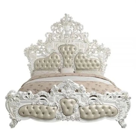 Elegant Hand Carved White Wood Luxury Bed with Upholstered Headboard and Footboard