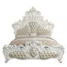 Elegant Hand Carved White Wood Luxury Bed with Upholstered Headboard and Footboard