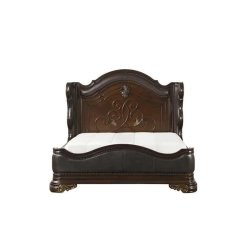 Classic Carved Wood Bed Frame with Leather Accents