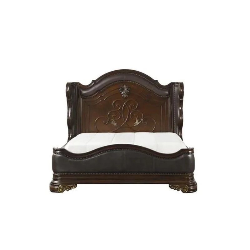 Classic Carved Wood Bed Frame with Leather Accents Classic Carved Wood Bed Frame with Leather Accents