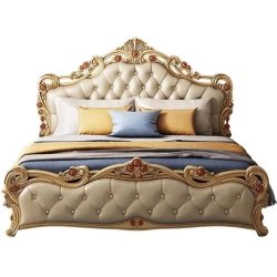 Luxury Classic Carved Wood Bed Frame with Tufted Upholstery