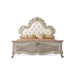 Elegant Ornate Carved Wood Bed with Tufted Upholstered Headboard