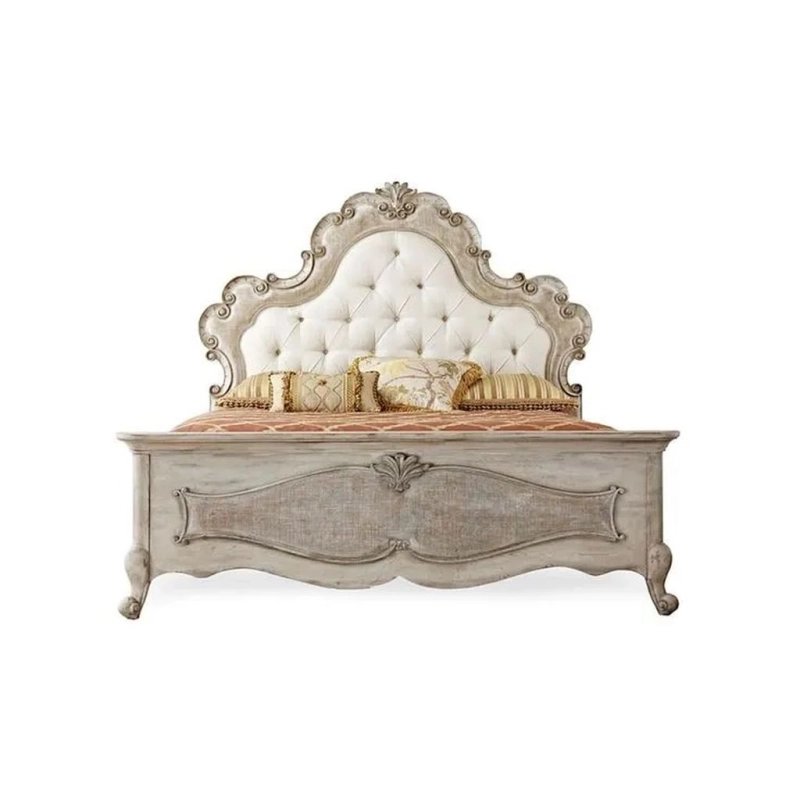 Elegant Ornate Carved Wood Bed with Tufted Upholstered Headboard Elegant Ornate Carved Wood Bed with Tufted Upholstered Headboard