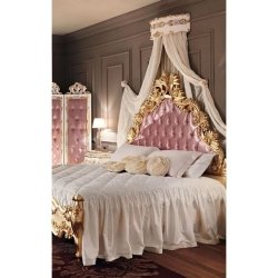 Luxury Gold Carved Bed with Pink Tufted Headboard, Classic Rococo Style
