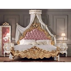 Luxury Gold Carved Bed with Pink Tufted Headboard, Classic Rococo Style