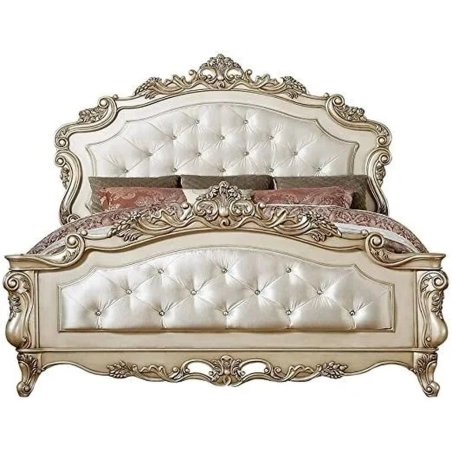 Luxury Classic Ornate Wood Bed with Upholstered Headboard and Footboard