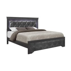 Modern Upholstered Platform Bed Frame with LED Headboard Accent Light and Textured Footboard
