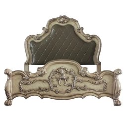 Luxury Carved Wooden Bed Frame with Tufted Upholstered Headboard