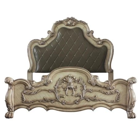 Luxury Carved Wooden Bed Frame with Tufted Upholstered Headboard