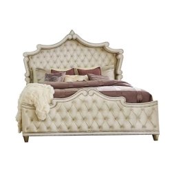 Luxury Tufted Upholstered King Size Bed with Nailhead Trim and Shaped Headboard
