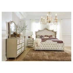 Luxury Tufted Upholstered King Size Bed with Nailhead Trim and Shaped Headboard