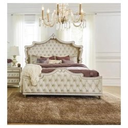 Luxury Tufted Upholstered King Size Bed with Nailhead Trim and Shaped Headboard