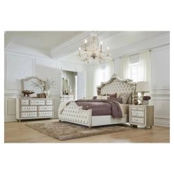 Luxury Tufted Upholstered King Size Bed with Nailhead Trim and Shaped Headboard