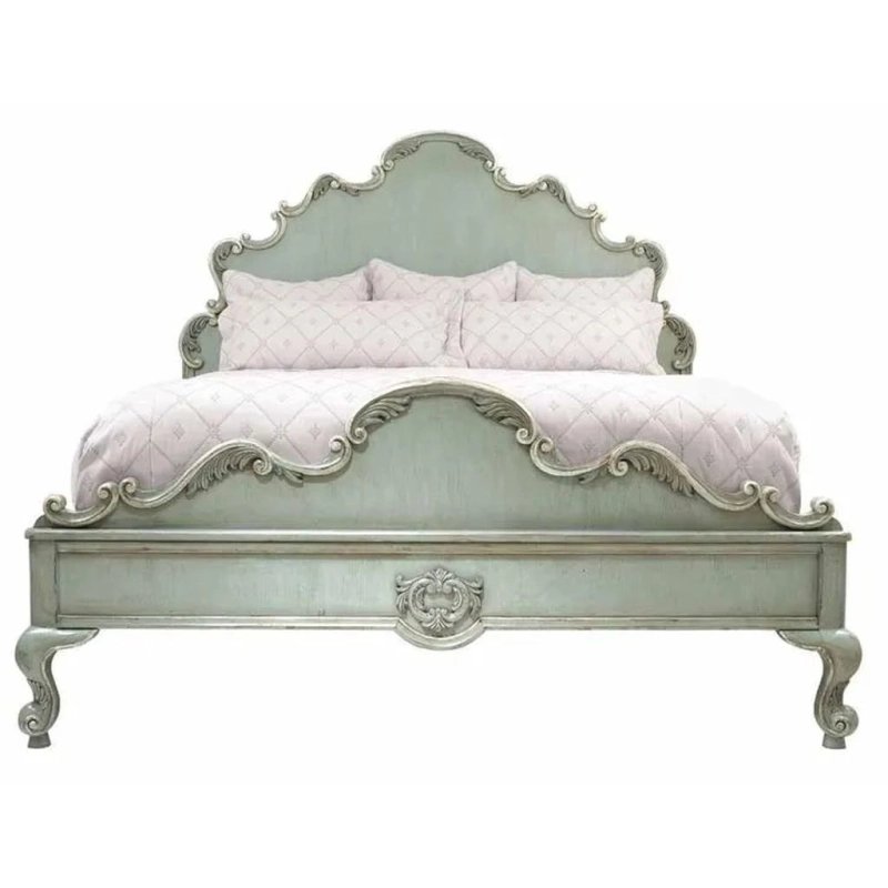 Handcrafted Classic French Carved Wooden Bed Frame - Distressed Light Green Finish Handcrafted Classic French Carved Wooden Bed Frame - Distressed Light Green Finish