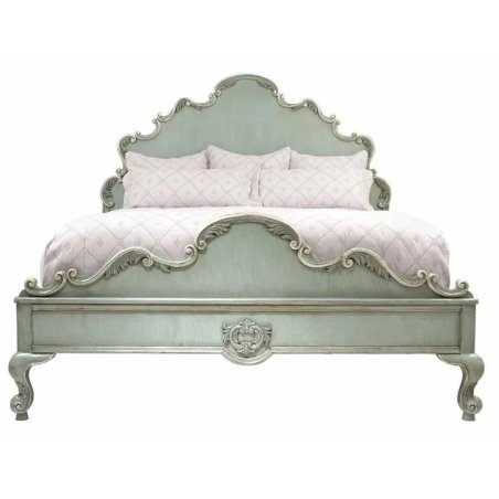 Handcrafted Classic French Carved Wooden Bed Frame - Distressed Light Green Finish