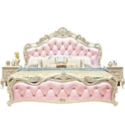 Luxury Classic Pink Upholstered Bed with Ornate Wood Carving & Nightstands